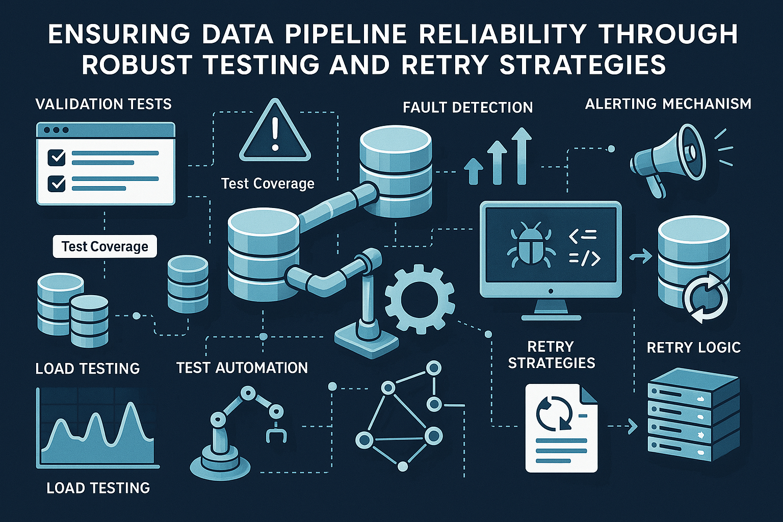 Ensuring Data Pipeline Reliability Through Robust Testing and Retry Strategies: illustrated explanation of the key concepts and workflow